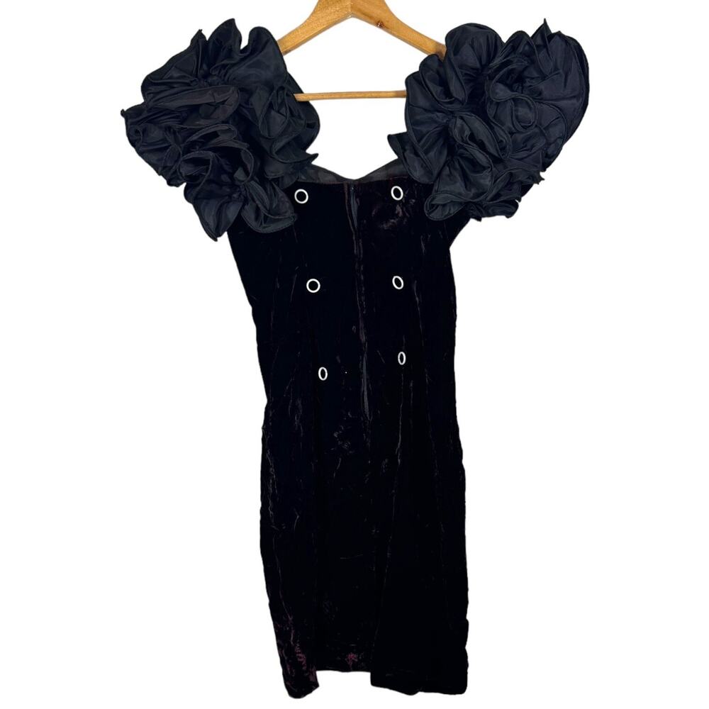 Vintage 80s Dave & Johnny Joseph Lara Purple Velvet Exaggerated Ruffle Dress SM - Picture 2 of 7